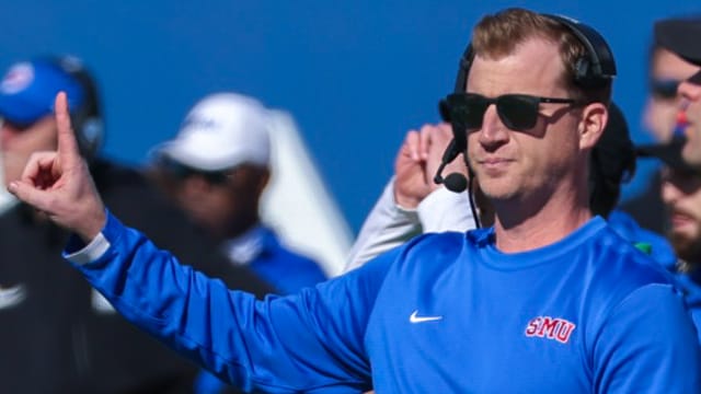 SMU coach Rhett Lashlee on sidelines against Memphis